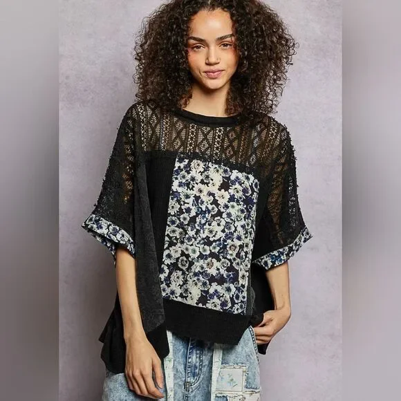 POL Women's Sheer Casual Crochet Patchwork Lace Accent Baggy Knit Shirt sz Mediu